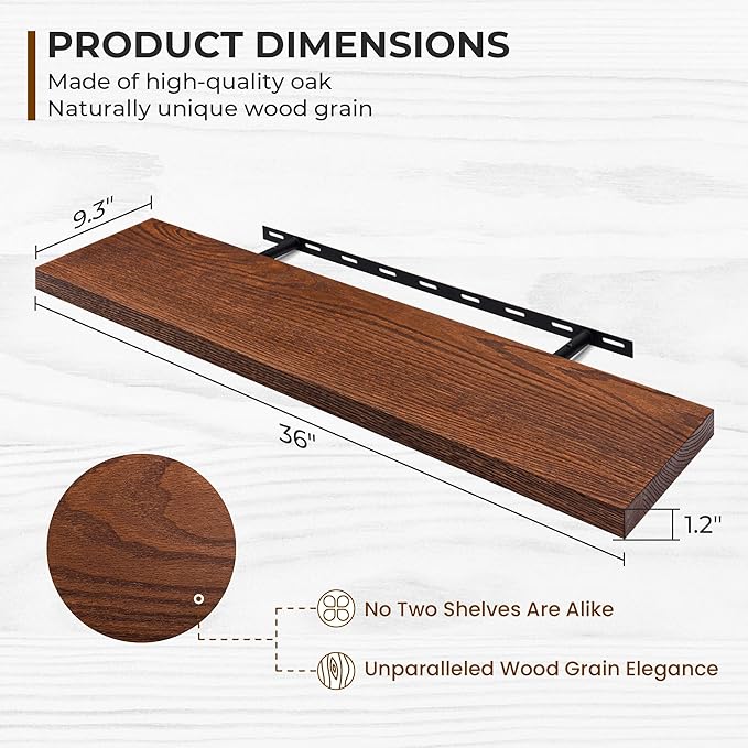 Fun Memories Solid Oak Wood Floating Shelves, 9.3 Inch Deep Natural Wood Shelf with Invisible Heavy Duty Bracket for Bathroom Bedroom Kitchen - 36inch Set of 2, Walnut