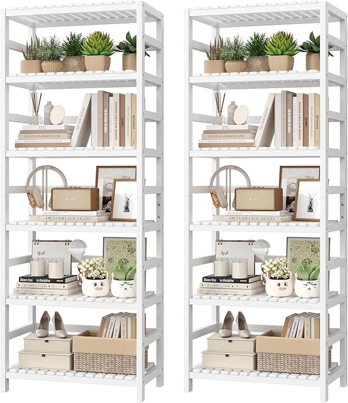 FOTOSOK 6-Tier Bamboo Shelf Set of 2, Bamboo Bookcase with Adjustable Shelves, Free Standing Storage Shelf Unit Plant Flower Stand, Tall Large White Bookshelf for Kitchen, Bathroom, Home Office, White