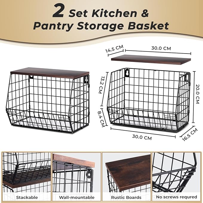 2pcs Fruit Basket Kitchen Storage Basket with Wood Lid, Stackable Wall Basket Fruit Basket for Kitchen, Countertop Organizer for Snack, Fruit and Veggie Storage, 11.8 x 7.9 x 8.5 Inch