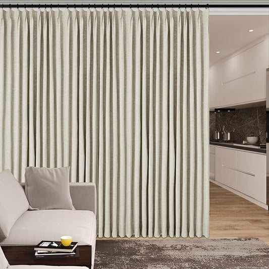 100% Blackout Linen Textured Drapes for Bedroom Pinch Pleated Curtains for Track System Portable Drapery for Sliding Glass Door/Storage/Space Room Divider, 70" Wx96 L, 1 PC, Ivory White