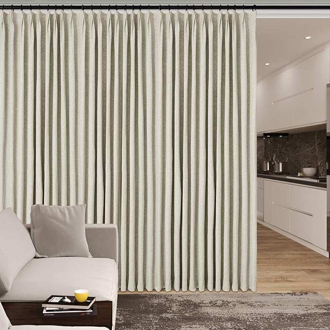 Extra Wide 100% Blackout Linen Textured Curtains - Room Dividers, W150 x L108 (1 Panel), Pinch Pleat Drapes for Living Room, Full Light Block Out Drapery for Sliding Door, Ivory White