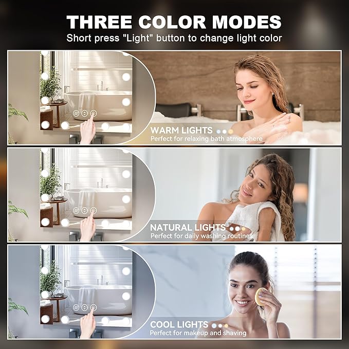Hasipu LED Bathroom Mirror with Lights, 59" x 30" Hollywood Wall-Mounted Bathroom Mirror with 24 Dimmable Bulbs, 3 Colors Modes, Touch Control, Anti-Fog, Memory Function, Shatter-Proof, ETL Listed