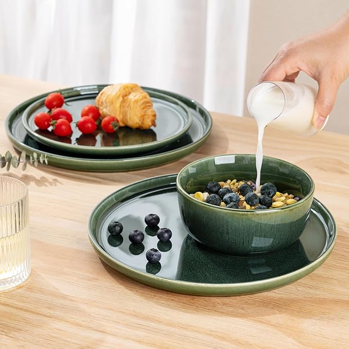 GBHOME Ceramic Dinnerware Sets for 8, 24 Pieces Stoneware Plates and Bowls Sets, Reactive Glaze Dishes -Scratch Resistant, Dishwasher&Microwave Safe, Earth Green