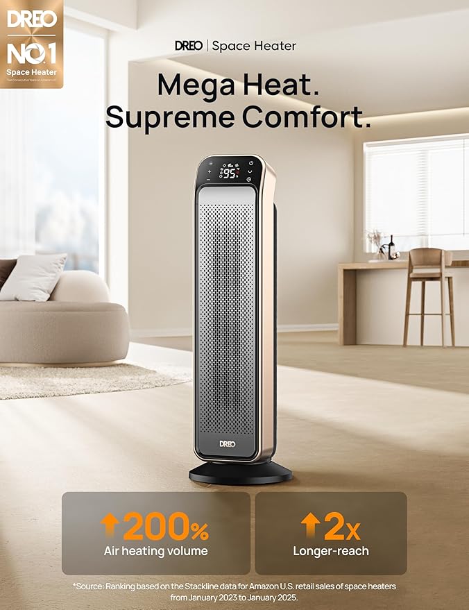Dreo Space Heater Indoor, 25" 11.5ft/s Fast Portable Room Heater with Remote and Thermostat, 3 Modes, Overheating & Tip-Over Protection, Electric Heaters for Indoor Use Large Room, Bedroom, Gold