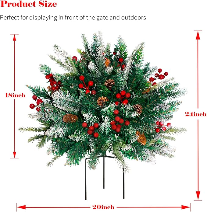 2 Pack Lighted Artificial Christmas Urn Filler, Battery Operated Pre-lit Xmas Pine Trees, Tripod Stake and 60 LED Lights, Holiday Porch Decorations for Porch, Yard, Garden, Flower Beds（Multicolor）