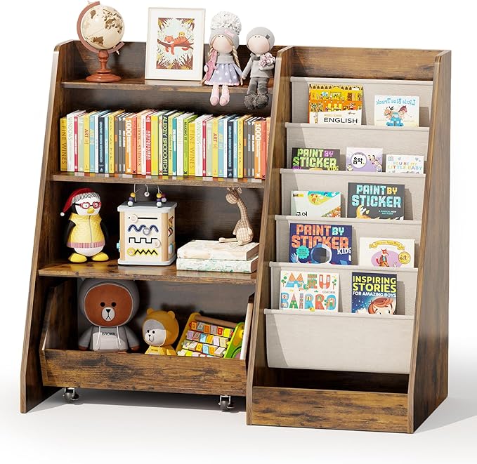 COZPAW Kids Bookshelf and Toy Storage, 4 Tier Toddler Bookshelf with Movable Drawer 5 Sling Pockets, Montessori Book Shelf for Kids Room, Playroom, Nursery (Brown)