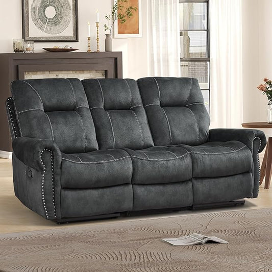 EBELLO Manual Recliner 3 Seat Sofa Couch, Soft Fabric 3 Seater Reclining Couch Chair, Vintage Rivet Mid-Century Design Furniture for Living Room, Meeting Room, Grey