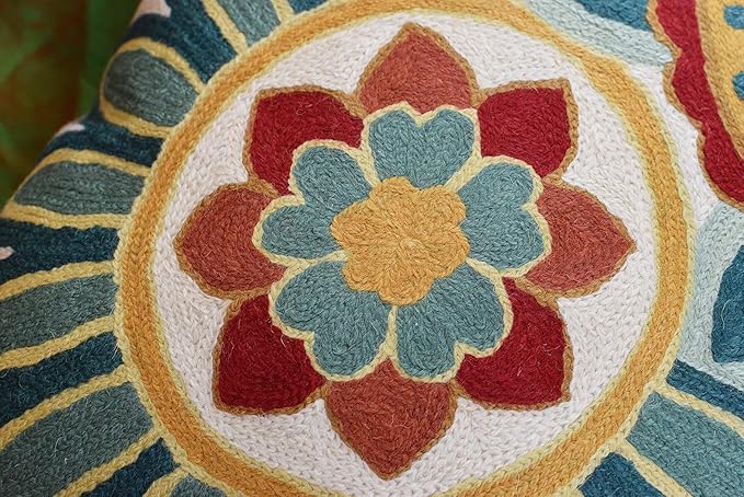 Daisy Floral Pillow Cover Teal Flower Pillowcase Flowery Outdoor Cushion Suzani Accent Pillowsham Flower Floral Chair Cushion Hand Embroidered Cushions Wool Size 18x18