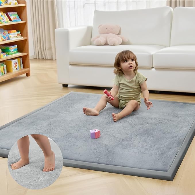 ACOMOPACK Baby Play Mat for Floor 1.3" Thick Memory Foam 50x50 Soft Velvet Playpen Mat for Kids,Infants,Toddlers,Tummy Time Crawling Mats with Non-Slip Bottom,Yoga,Tatami,Nursery Rug（Light Grey）