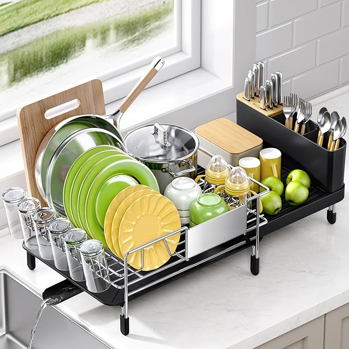 Dish Drying Rack, Expandable Stainless Steel Dish Rack with Drainboard Set Kitchen Sink Organizer for Counter, Large Capacity Kitchen Accessories, Smooth Water Flow