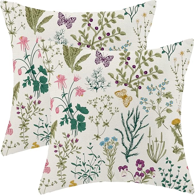 CXMEIFLY Spring Pillow Covers 20 x 20 Inch Set of 2 Vintage Sage Green Teal Wild Flowers Decor Throw Pillows Leaves Plant Outdoor Farmhouse Decorative Cushion Cases for Couch Bed Sofa Decoration