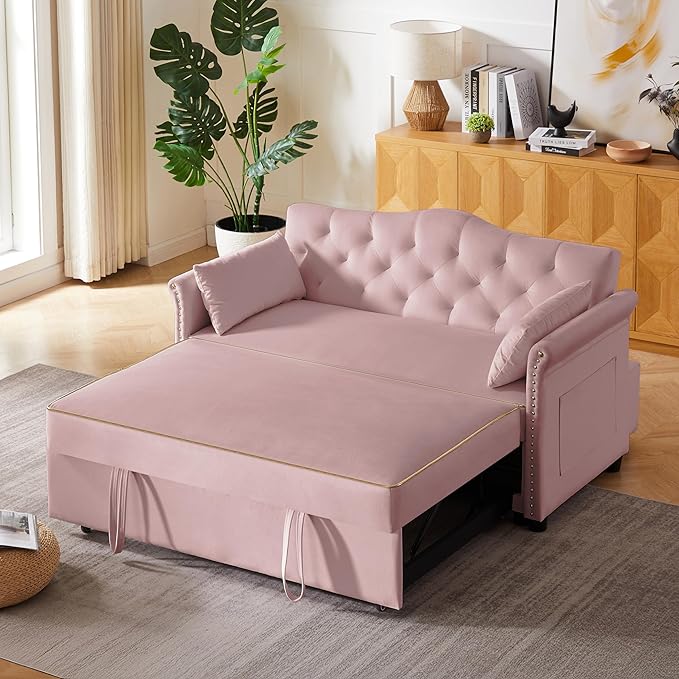 57" Velvet Pull-Out Sofa Bed, 3-in-1 Convertible Loveseat with Gold Trim Strips and Adjustable Backrest, Perfect for Living Rooms, Offices and Apartments (Pink)