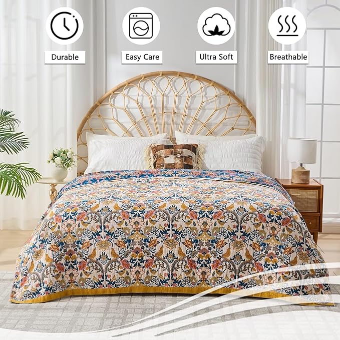 Boho Throw Blanket for Couch,100% Cotton Summer Blanket for Bed, Ultra Soft Rustic Quilt for Bed, Home Decor, Boho Picnic Blankets with Bird and Flowers for All Seasons,Twin 60"x80"