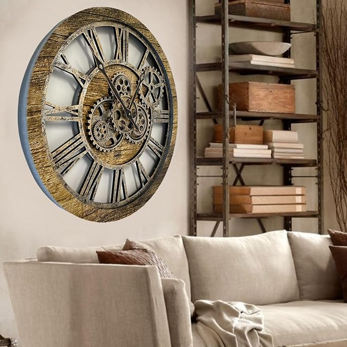 The Gears Clock The Original Real Moving Gear Wall Clock Vintage Industrial Oversized Rustic Farmhouse (24 inch (60cm),Gold Antique)