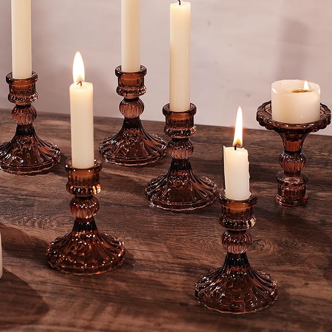 12PCS Amber Candlestick Holders Set- 4" H Taper Candle Holders, Glass Candle Holders Bulk for Wedding, Party, Fall Home Table Centerpieces, Festival Gifts & Windowsill Decor
