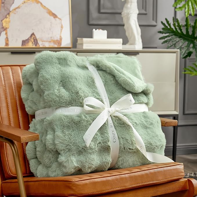 Cozy Bliss Faux Fur Throw Blanket for Couch, Fuzzy Soft Plush Thick Bubble Blanket for Sofa Bedroom Living Room, 90 * 90 Inches Sage Green