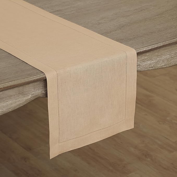 Solino Home Linen Beige Table Runner 120 Inches Long - 100% Pure Linen 14 x 120 Inch Table Runner for Fall, Autumn, Thanksgiving - Classic Hemstitch