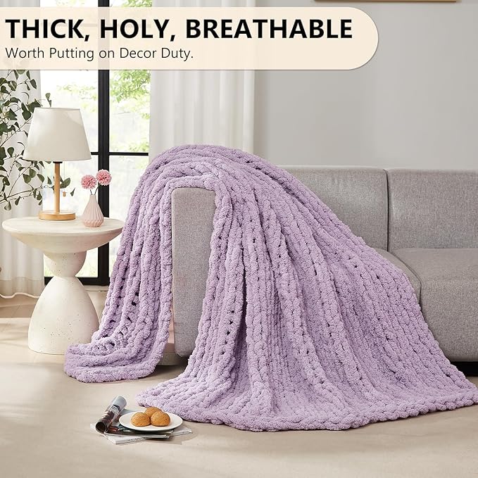 L'AGRATY Chunky Knit Blanket Throw - Soft Chenille Yarn Throw Blanket 30x40：Handmade Thick Cable Knit Crochet Blanket - Large Knit Blanket Chunky Rope Knot Throw Blanket for Couch Sofa Bed Home Decor