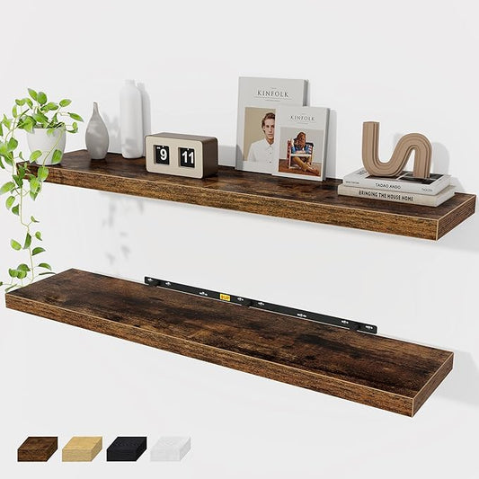 Floating Shelves Wall Shelf 48 Inch, 9.3 Inch Deep Floating Shelf, Farmhouse Black Wood Shelves Invisible Bracket for Living Room, Bedroom, Kitchen, 48 x 9.3 x 1.4 Inch, Set of 2, Rustic Brown