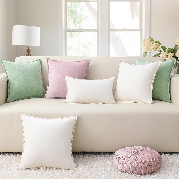 decorUhome Chenille Soft Throw Pillow Covers 12x20 Set of 2, Lumbar Velvet Farmhouse Neutral Decorative Euro Pillow Covers with Stitched Edge for Couch Sofa Bed Home Decor, Blush Pink