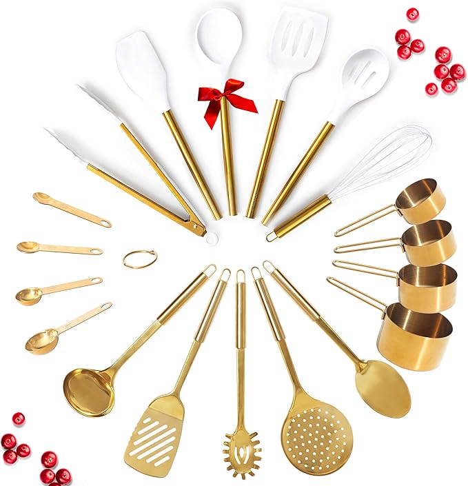 Gold Kitchen Utensils Set - 19-Piece Set Includes Stainless Steel Gold Utensils, White Silicone Tools, and Measuring Cups and Spoons - Luxury Kitchen Accessories for Modern Cooking, Serving, & Gifting