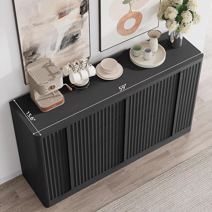 Buffet Cabinet with Storage, 60" Fluted Coffee Bar with 4 Drawers & 2 Doors, Modern Sideboard Buffet with Solid Wood Handle, Credenza Storage Cabinet for Living Room Kitchen Dining Room, Black(1PCS)