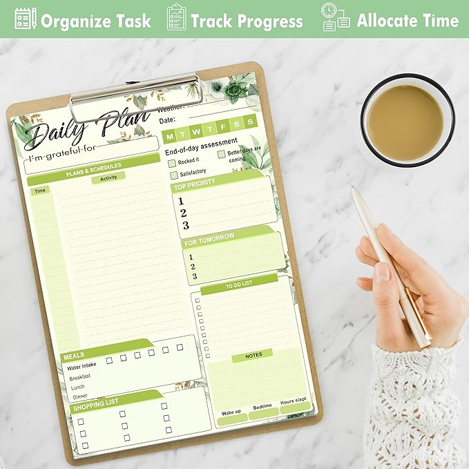 Daily Plan Notepad, 52 Sheets 8.5" X 11.5" Daily for To-Do Lists, Habit Tracking, Academic Scheduling, and Productivity Goals - Perfect for Work, Home, and Office Organization| Tropical Green Floral