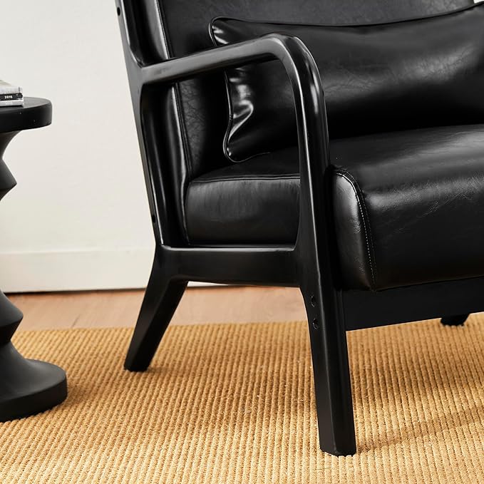 Glitzhome 2 Set Mid Century Black Accent Armchair, Single Reading Armchair PU Leather Lounge Chair with Walnut Ruberwood Frame