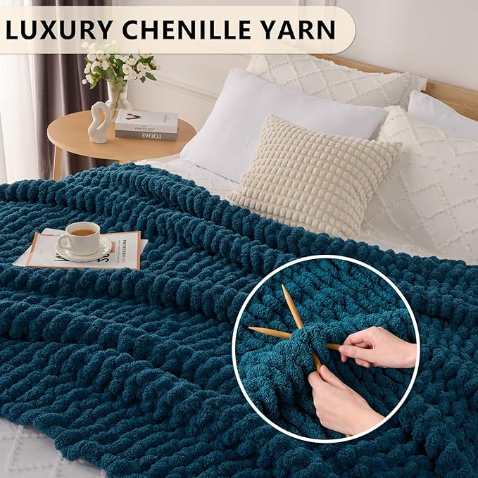 L'AGRATY Chunky Knit Throw: 60''x80'' Chenille Chunky Knitted Blanket for Bed, Couch - Handmade, Thick, Big Cable Knit Blanket - Blue