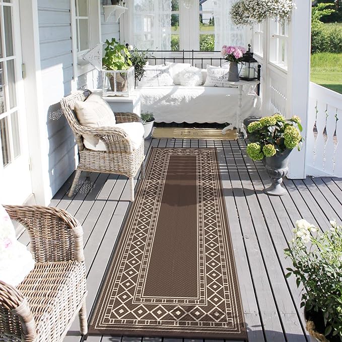 GENIMO Outdoor Rug Waterproof for Patio Decor, 2.5'x8' Foldable Reversible Plastic Straw Runner Rugs Carpet for Porch, Outside Area Mat for Rv, Deck, Picnic, Camper, Balcony, Coffee & Beige