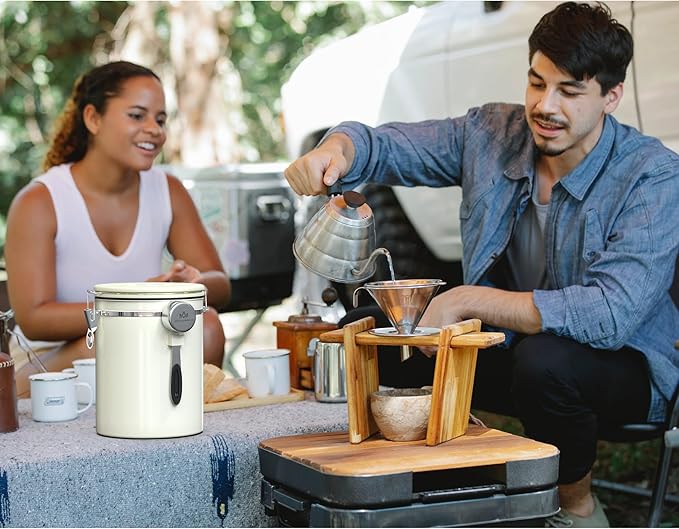 35OZ Coffee Canister for ground coffee with Date Tracker,beige 304 Stainless Steel Kitchen Food Airtight storage container for Coffee Beans or Grounds, Tea, Sugar