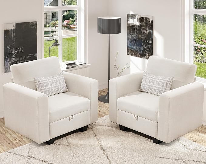 38.5 Oversized Accent Chair with Storage Beige Set of 2, Single Modern Accent Sofa Chair with Arms for Apartment Living Room Linen(21" Deep Seat)