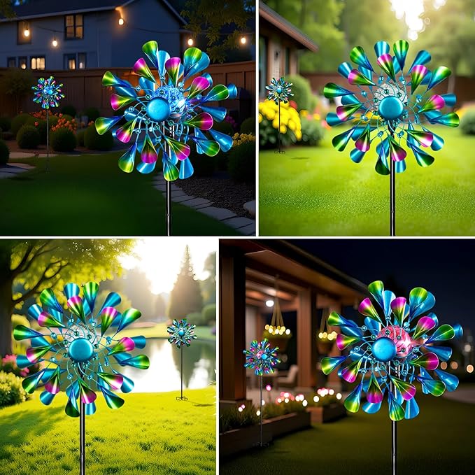 60'' Wind Spinner with Color Glass Ball Solar Lights, Green Peacock Feathers Metal Garden Outdoor Decor Yard Lawn Art Decor for Patio Kinetic Windmills Unique Gifts for Friends and Family