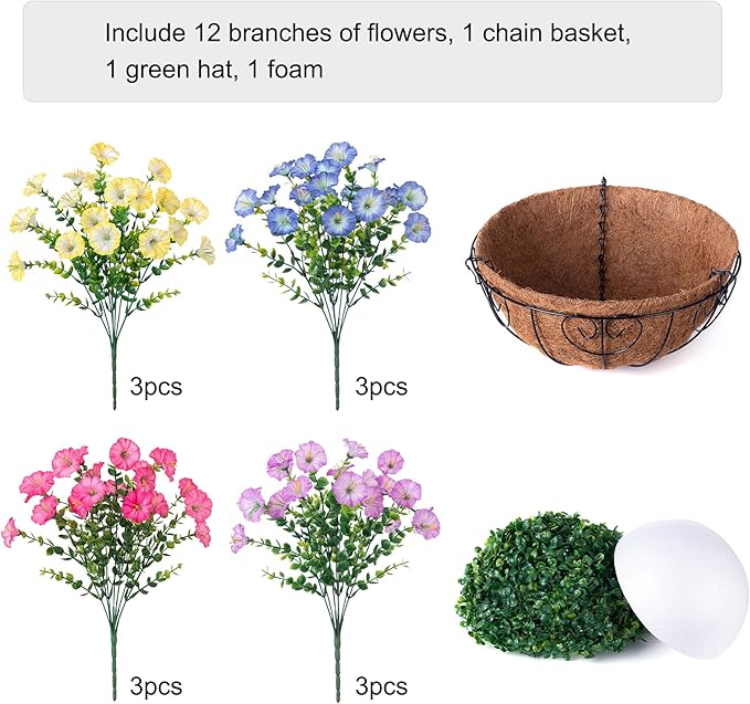 Artificial Faux Hanging Plants Flowers Basket for Outdoors Spring Summer Decoration, Silk Morning Glory Eucalyptus Look Real UV Resistant Fake Flowers for Porch Outside Patio Balcony Yard Home Garden