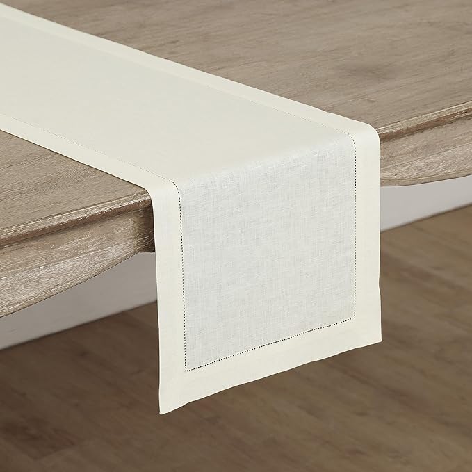 Solino Home Linen Ivory Table Runner 90 Inches Long - 100% Pure Linen Hemstitch 14 x 90 Inch Table Runner for Dining, Fall, Autumn, Thanksgiving - Classic Hemstitch