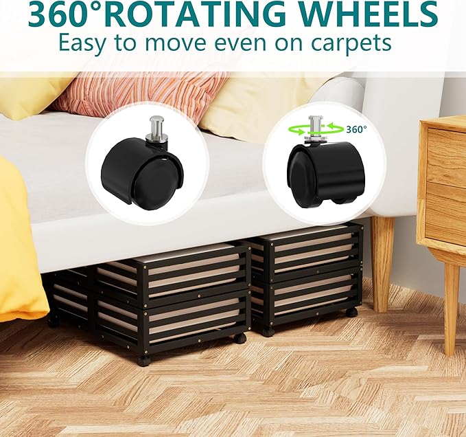 Bamboo Under Bed Storage Containers- Underbed Organizer with Wheels with Large Dust Bag,Sturdy Wood Rolling Under the Bed Shoe Storage Organizer Drawer 2 Pack
