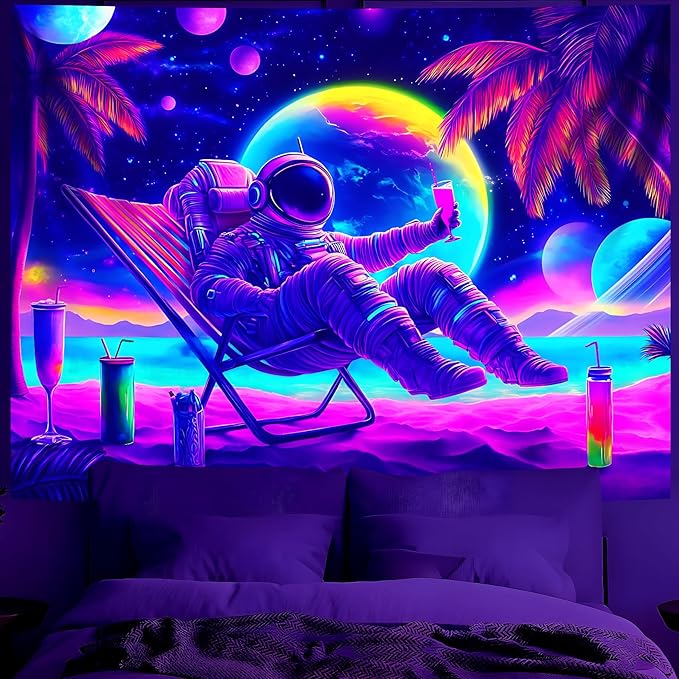BVBOX Astronaut Space Blacklight Tapestry 79"x59", UV Reactive Astronaut Beach Lounge Chair Vacation Universe Planet Glow in Dark Tapestries, Black Light Neon Upright Poster Wall Hanging Backdrop Decor for Bedroom Living Room