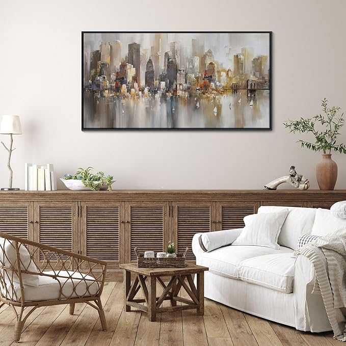 New York City Wall Art -Framed Modern Abstract Wall Art for Living Room, Office & Bedroom Cityscape & Paintings for Bedroom brooklyn bridge Pictures Wall Decor Chicago Artwork for Walls 24×48IN
