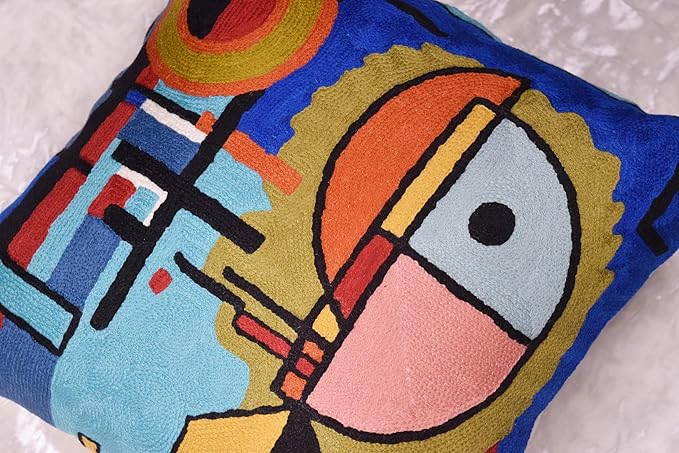 Kandinsky Upwards Abstract Pillow Cover Blue Decorative Throw Pillowcase Modern Chair Cushion Contemporary Accent Pillowsham Couch Handembroidered Wool Size 18x18