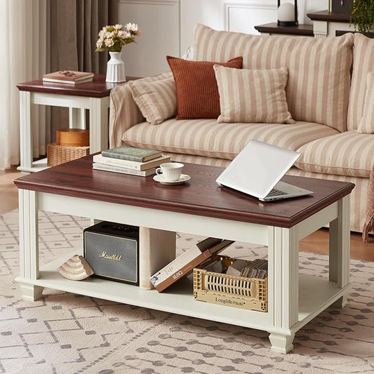 Farmhouse Coffee Tables for Living Room,Square Tea Table with Open Storage Shelf,Large Coffee Table,Rustic Wooden Center Table,White