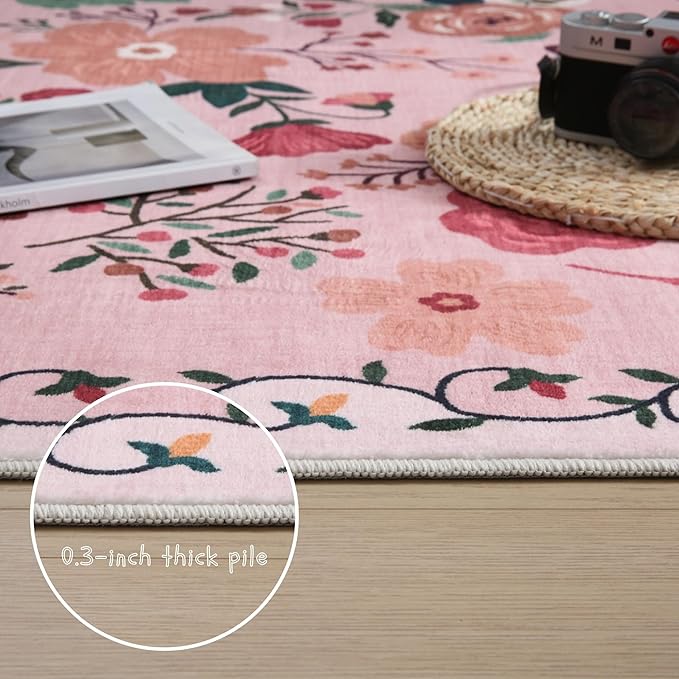 Round Rug 6ft Washable Circle Rug Non Slip Low Pile Boho Floral Small Circular Rug for Bedroom, Bathroom, Entryway, Kids Room, Office, College Dorm(Pink)