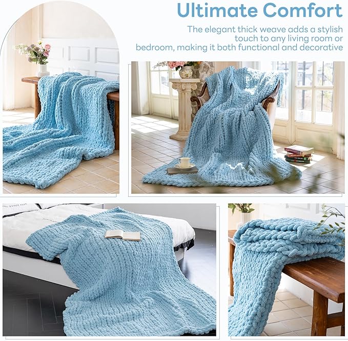 Chunky Knit Blanket - Luxury Soft Cozy 50 * 60 Throw Blanket,100% Woven Blanket Rope Knot Throw Blanket for Couch, Sofa, Home Decor, Gift - Machine Washable（Light Blue）