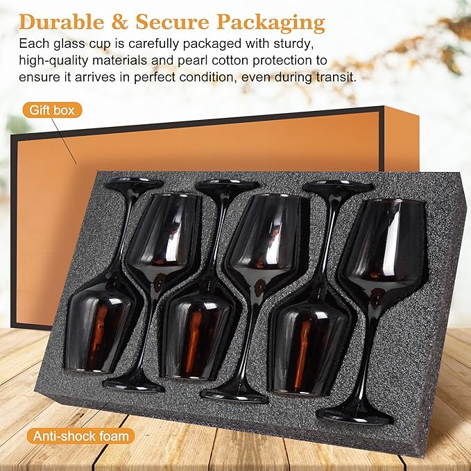 Brown Wine Glasses Set of 6-12oz Brown Long Stem Wine Glass Cups, Pretty Crystal Glassware, Hand Blown Goblets Drinkware, Unique Drinking Stemware Holiday Gift Set