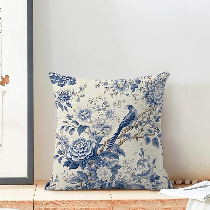 CXMEIFLY Spring Floral Pillow Covers 16 x 16 Inch Set of 2 for Chinoiserie Flowers Bird Decor Throw Pillows Vintage Blue and White Plant Outdoor Decorative Cushion Cases for Couch Bed Decorations