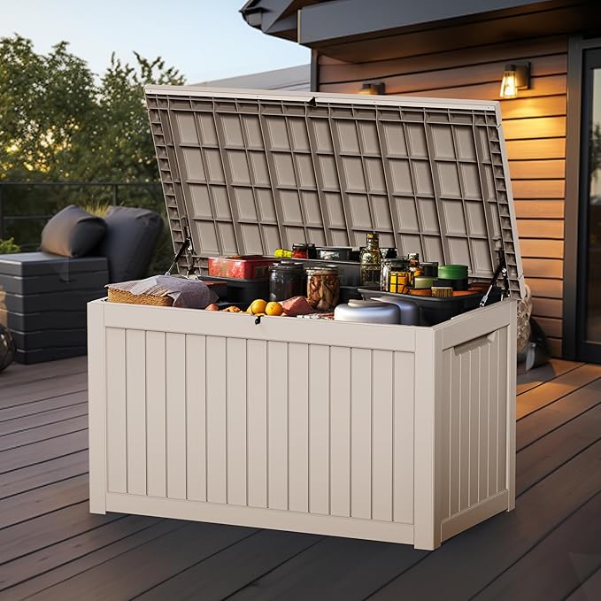 Vixzen 230 Gallon Resin Deck Box, Lockable Outdoor Storage Box for Patio Cushions Storage Furniture,Garden Tools, Pool Supplies, Weatherproof and UV Resistant- Grey
