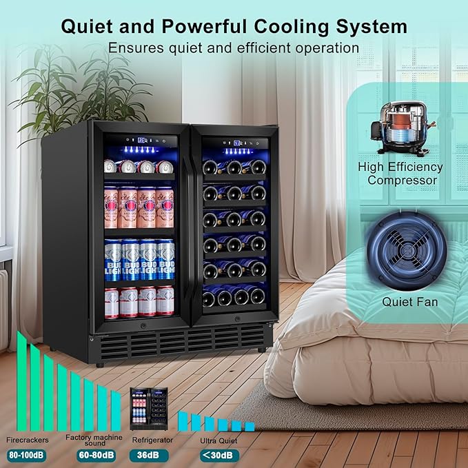 30 Inch Wine and Beverage Refrigerator, Upgrade Dual Zone Wine Cooler, 30'' Wine beverage Fridge Built in or Freestanding Under Counter Large Capacity Glass Door Advanced Cooling System,Black
