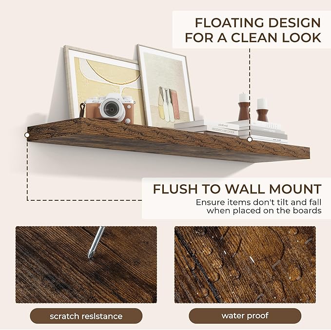 RICHFOCUS 48Inch Floating Shelves for Wall 1 Pack Shelves for Bedroom|Kitchen|Bathroom Wall Mounted Rustic Wood Floating Shelf with Invisible Brackets for Books|Storage|Decor, Rustic Brown