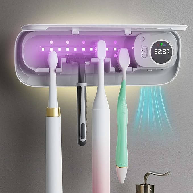 BlueBark UV Toothbrush Holders for Bathrooms, Air DryingHolder Smart Home Bathroom Accessories, Timer Function & 5 Toothbrush Slots, Toothbrush Holder Wall Mounted with Replaceable Slot