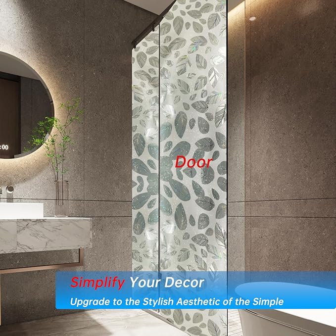 Frosted Glass Window Privacy Film Decorative, Bathroom Privacy Film for Glass Windows Cover, Static Cling, Removable, Reusable, Anti-UV, Anti-Glare, Heat Blocking,（Leaf White 17.5X78.7Inch）