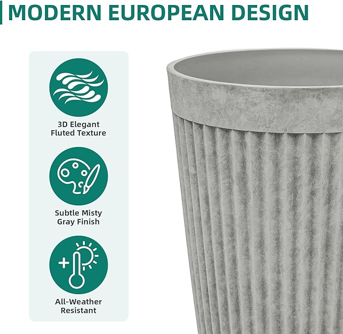 20" Resin Tall Planters for Outdoor Plants, Set of 2 Vintage Gray Large Flower Pots with Handmade Fluted Texture, Heavy-Duty and Weather-Resistant for Year Round Indoor Outdoor use